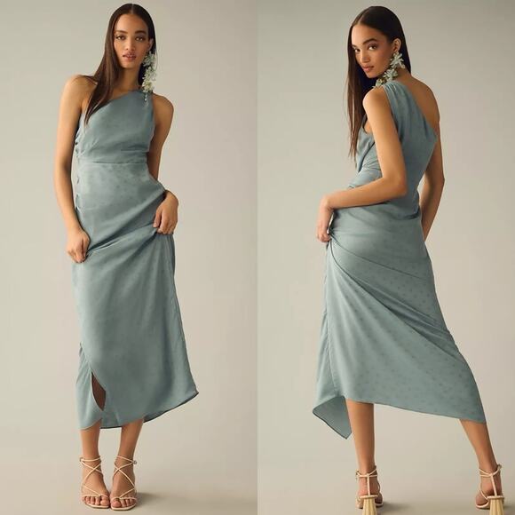 Favorite Daughter One Shoulder Midi Dress Slate Blue Polka Dot Ruched Buckle 4 - Picture 1 of 7
